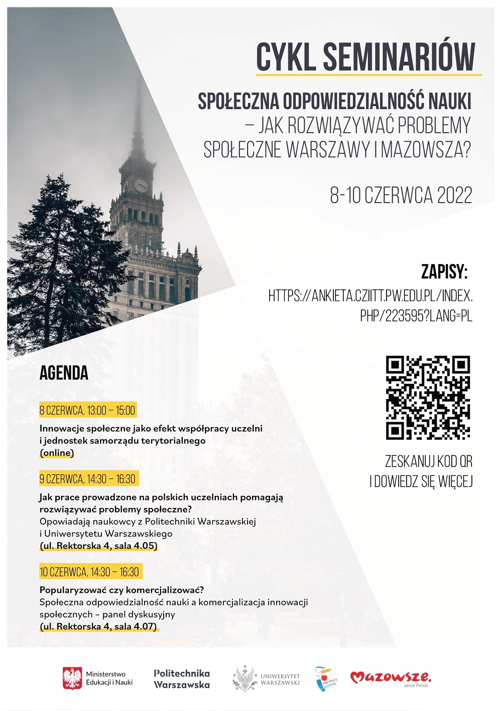 Plakat cyklu seminariów Społeczna Odpowiedzialność Nauki