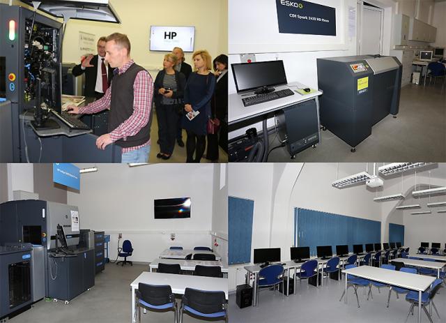 Na zdjęciu od góry z lewej: prezentacja nowych laboratoriów;laboratorium HP INDIGO Technology Center; laboratorium ESKO CDI HD Flexo Technology Center; laboratorium ESKO Software Technology Center