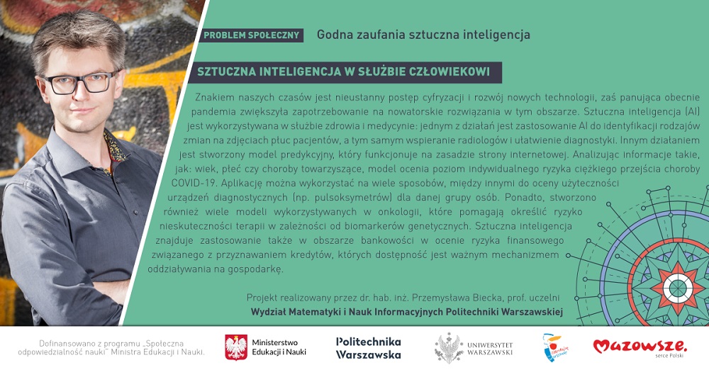Grafika przedstawia prof. Przemysława Biecka oraz informacje o prowadzonych projektach