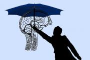 Zdjęcie przedstawia człowieka trzymającego parasol nad grafiką mózgu